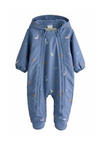 Blauer Kinder-Schneeanzug mit weichem Fleece-Futter, versehen mit einem Dinosaurier-Muster in verschiedenen Farben, elastischen Bündchen und Frontreißverschluss.