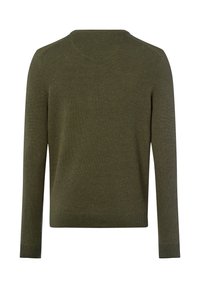 Olijfgroen trui met lange mouwen, een ronde hals en een gemêleerd breipatroon. De achterkant laat een eenvoudige, naadloze uitstraling zien.