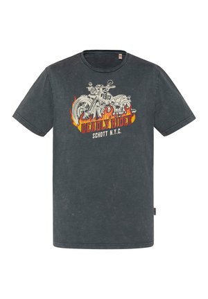 Grijze vintage t-shirt met een motorfietsafbeelding met vlammen en de tekst "DEADLY RIDER" en "SCHOTT N.Y.C." op de voorkant. Van katoen.