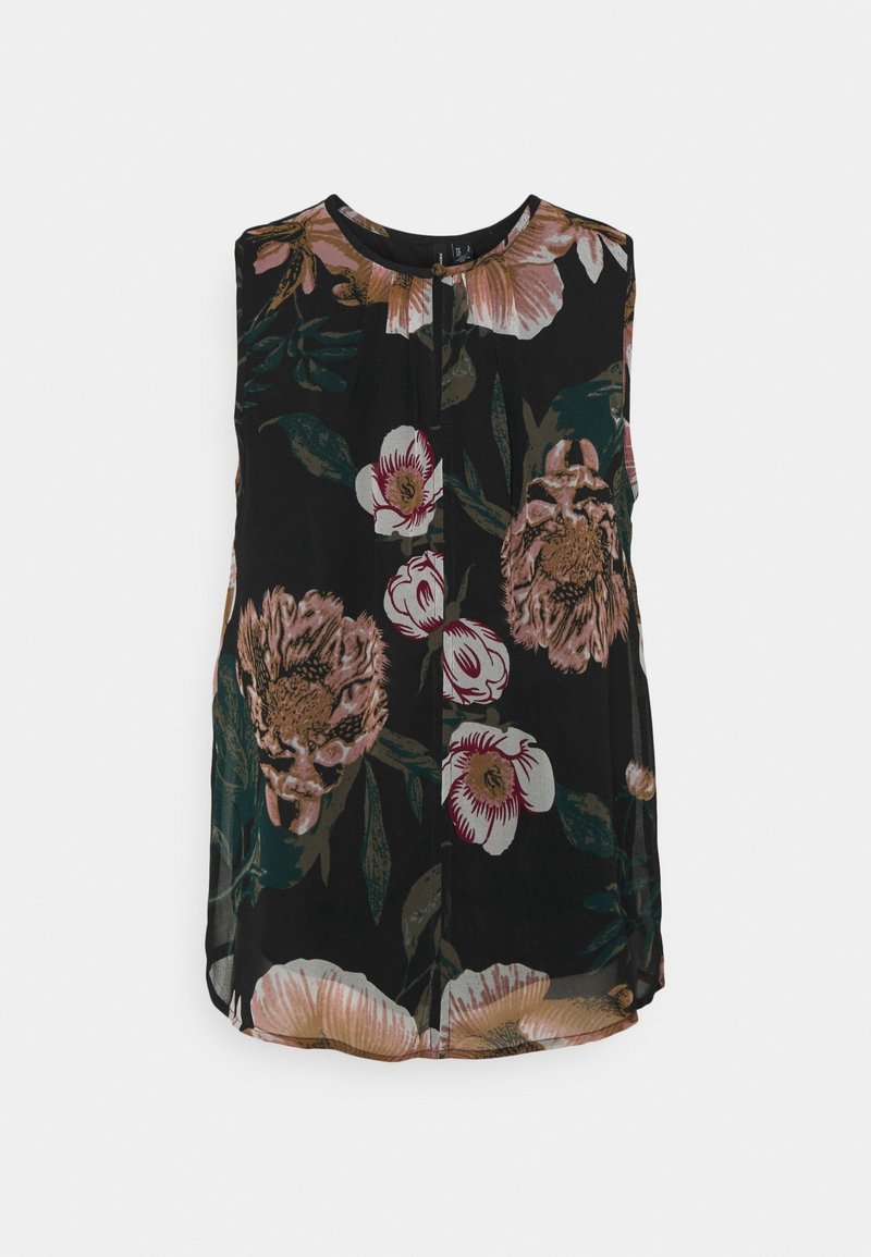 Blouse noire sans manches avec grand imprimé floral rose, blanc et vert et petite fermeture à bouton rond au col.
