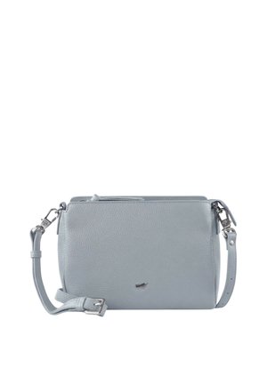 Borsa a tracolla in pelle grigio chiaro con tracolla regolabile, ferramenta argentata e piccolo logo in metallo al centro anteriore.