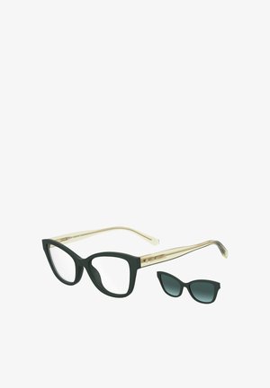Lunettes à monture en plastique vert avec une finition mate, des accents métalliques dorés et une paire supplémentaire de petites lentilles foncées.