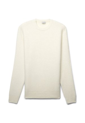 Cremfarbener Strickpullover mit rundem Halsausschnitt, langen Ärmeln, gerippten Bündchen und Saum. Weiche Textur, leichtes Design, keine Muster oder Akzente.