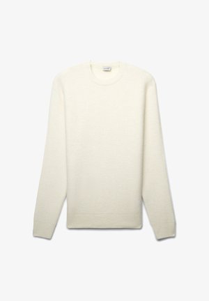 Cremfarbener Strickpullover mit rundem Halsausschnitt, langen Ärmeln, gerippten Bündchen und Saum. Weiche Textur, leichtes Design, keine Muster oder Akzente.