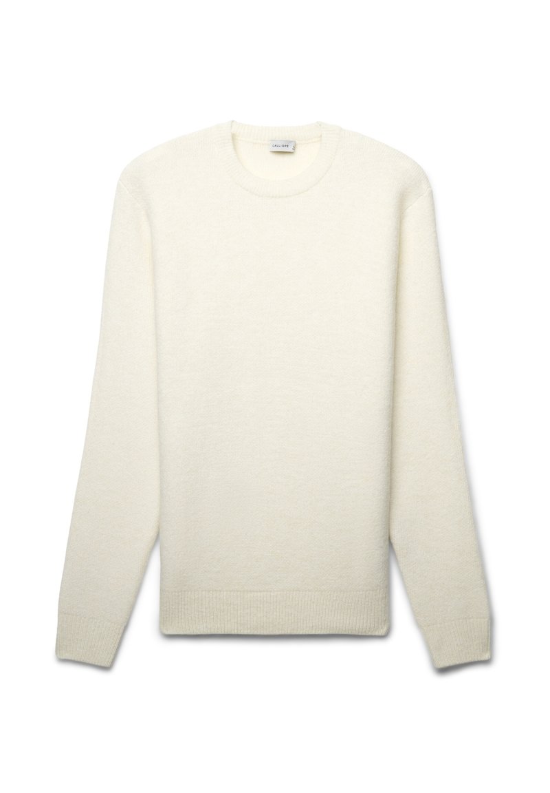 Maglione in maglia crema con scollo rotondo, maniche lunghe, polsini e orlo a coste. Texture morbida, design leggero, senza motivi o dettagli.