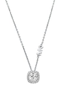 Silver necklace featuring a square-cut central stone surrounded by smaller diamonds, with a delicate chain and logo tag accent.