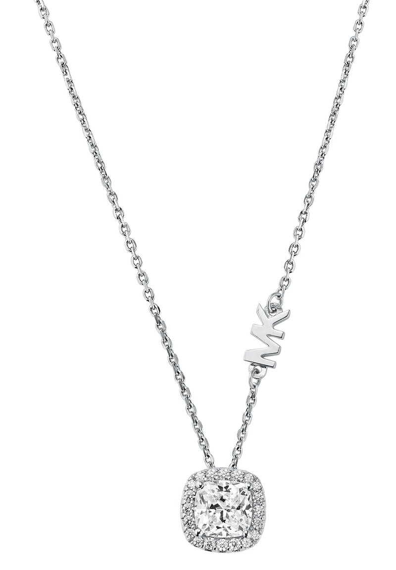 Silver necklace featuring a square-cut central stone surrounded by smaller diamonds, with a delicate chain and logo tag accent.