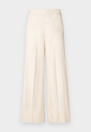 Pantaloni a gamba larga in crema, realizzati in tessuto morbido. Presentano una vita piatta e pieghe sottili per una vestibilità comoda. Senza tasche visibili.