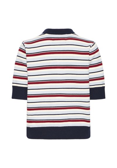 Pull-over rayé à manches courtes, avec des rayures bleu marine, rouge, blanc et jaune. Col et poignets côtelés en bleu marine. Tissu en maille douce.