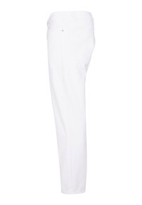 Pantalones de algodón blancos con un diseño de pierna recta, bolsillos frontales y una cinturilla sencilla con un solo botón y cierre de cremallera.