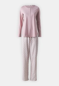 Långärmad rosa bomullströja med knapplist, parat med mönstrade lätta pyjamasbyxor i pastellfärger.