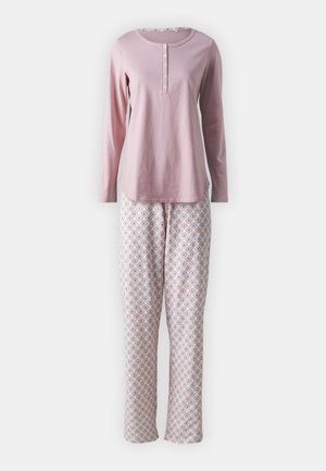 Long-sleeve pink cotton top with button placket paired with patterned lightweight pajama pants in pastel colors.