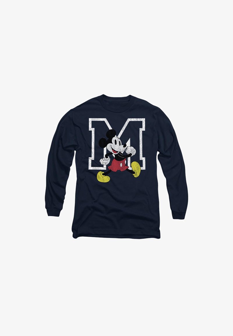 Navy long-sleeve shirt featuring a vintage Mickey Mouse graphic in red shorts and yellow shoes against a white letter "M." Soft cotton fabric.