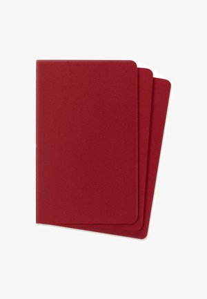 Three stacked red notebooks with rounded corners on a white background.