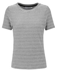 Camiseta de rayas con cuello redondo y mangas cortas, con un patrón de rayas horizontales en blanco y negro, fabricada con un tejido suave.