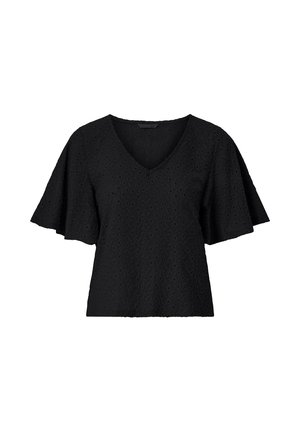 Sort kortærmet bluse med V-hals, brede udvidede ærmer og subtilt broderet blomstermønster i hele stoffet.