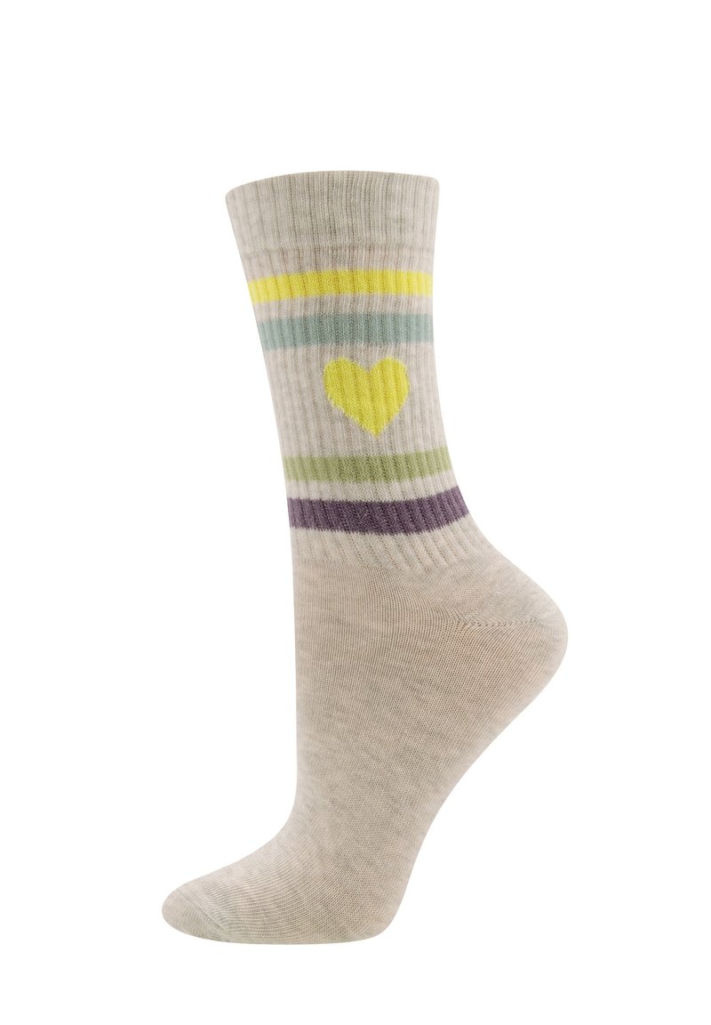 Beige Sock mit Rippenstruktur, mit mehrfarbigen Streifen (gelb, grün, lila) und einem Herzmuster an der Seite.