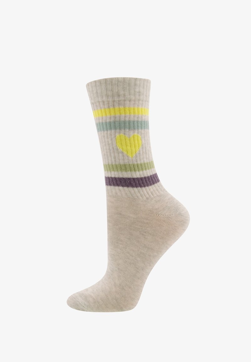 Beige Sock mit Rippenstruktur, mit mehrfarbigen Streifen (gelb, grün, lila) und einem Herzmuster an der Seite.