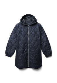 Cappotto imbottito blu con cuciture a trapunta, con cappuccio, zip frontale e polsini elastici. Presenta motivi diagonali e una vestibilità rilassata.