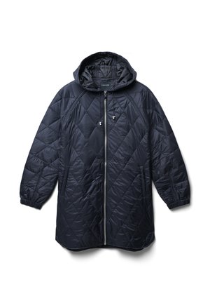 Manteau matelassé bleu marine avec capuche, fermeture éclair à l'avant et poignets élastiques. Présente des motifs diagonaux et une coupe décontractée.