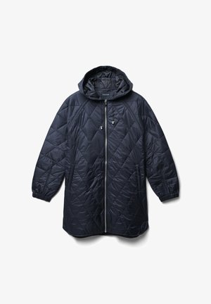 Cappotto imbottito blu con cuciture a trapunta, con cappuccio, zip frontale e polsini elastici. Presenta motivi diagonali e una vestibilità rilassata.