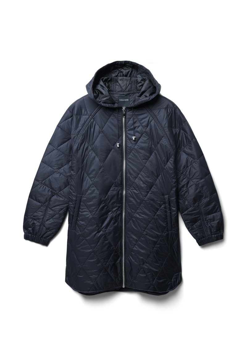 Cappotto imbottito blu con cuciture a trapunta, con cappuccio, zip frontale e polsini elastici. Presenta motivi diagonali e una vestibilità rilassata.