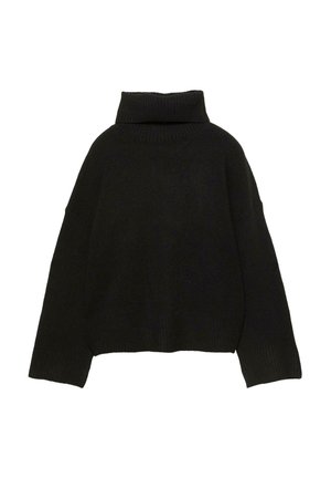Pulover negru oversized cu guler înalt, realizat dintr-un material tricotat moale, având un guler și manșete cu dantelă, cu un croi lejer și fără ornamente.