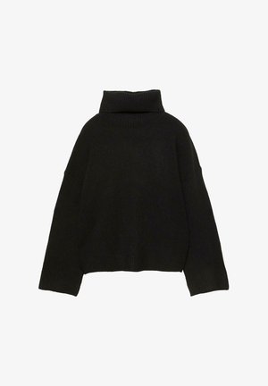 Pulover negru oversized cu guler înalt, realizat dintr-un material tricotat moale, având un guler și manșete cu dantelă, cu un croi lejer și fără ornamente.