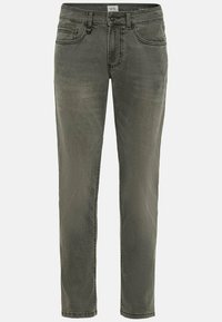 Slim fit -farkut haalistuneen oliivinvihreässä värissä. Valmistettu sileäpintaisesta denimi-kankaasta. Varustettu tavallisilla taskuilla ja eteen avattavalla napituksella.