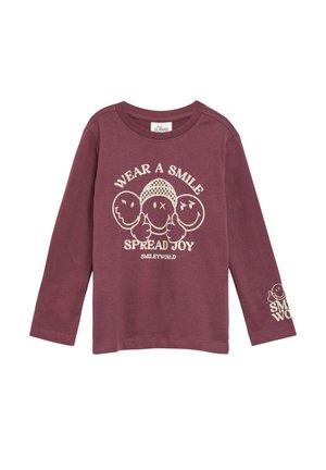 Long-sleeve maroon shirt with three smiley faces and text "Wear a smile, spread joy, Smileyworld" printed on front and sleeve.