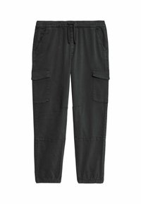 Zwarte cargobroek van een katoenmix, met een touwtje in de taille, twee zijzakken en twee dijzakken met klepsluitingen.