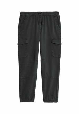 Pantalons cargo noirs en mélange de coton, avec une taille réglable par cordon, deux poches latérales et deux poches sur les cuisses avec rabats.