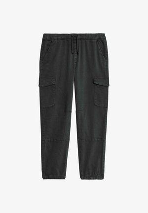 Pantalons cargo noirs en mélange de coton, avec une taille réglable par cordon, deux poches latérales et deux poches sur les cuisses avec rabats.