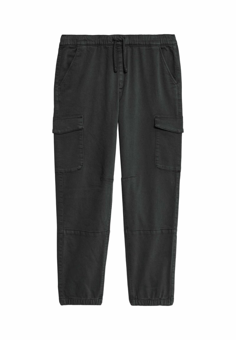 Zwarte cargobroek van een katoenmix, met een touwtje in de taille, twee zijzakken en twee dijzakken met klepsluitingen.