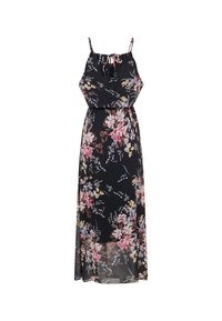 Robe maxi noire sans manches avec fines bretelles et motif floral rose, blanc et jaune, avec un col froncé et un petit nœud.