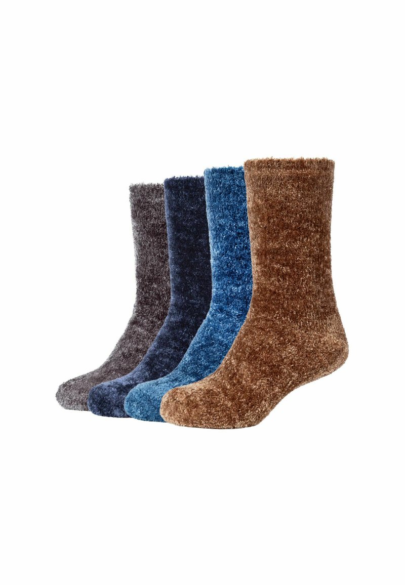 Quattro paia di calze corte pelose in grigio, blu navy, blu e marrone, disposte affiancate su uno sfondo bianco.