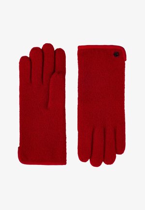 Rote gestrickte Handschuhe mit weicher Textur, kontrastierendem roten Besatz und einem kleinen schwarzen Logoakzent im Handgelenkbereich. Fingergestaltung für eine gute Fingerfertigkeit.