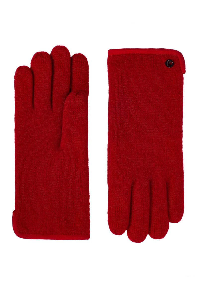 Red knitted gloves with a soft texture, contrasting red trim, and a small black logo accent on the wrist area. Fingered design for dexterity.