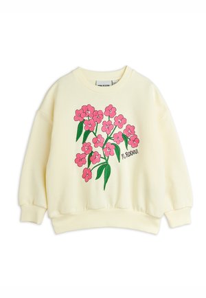 Sweatshirt jaune avec un motif floral comprenant des fleurs roses et des feuilles vertes. Poignets et ourlet côtelés, coupe décontractée, en coton doux.