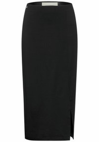 Gonna nera midi realizzata in tessuto elasticizzato con silhouette aderente, caratterizzata da uno spacco laterale e un sottile dettaglio metallico vicino alla vita.