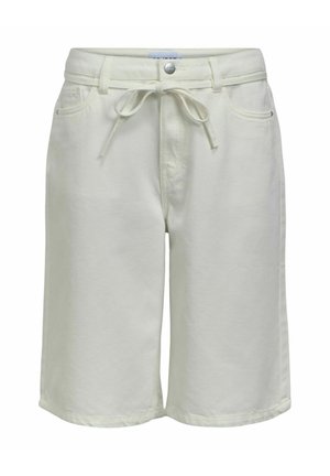 Pantalones cortos de color blanco hueso hasta la rodilla con bolsillos delanteros, pasadores para cinturón, cierre de botón y cordón de tela anudado en la cintura.