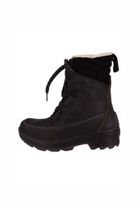 Czarne skórzane wodoodporne buty z futrzanym wnętrzem, sznurowane z przodu, z wzmocnionym noskiem, strukturalną cholewką i gumową podeszwą zapewniającą przyczepność.