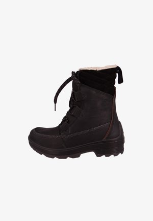 Czarne skórzane wodoodporne buty z futrzanym wnętrzem, sznurowane z przodu, z wzmocnionym noskiem, strukturalną cholewką i gumową podeszwą zapewniającą przyczepność.
