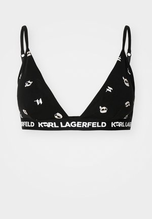 Black bralette with triangle cups, featuring a printed pattern and a branded elastic band with "KARL LAGERFELD" in white text. Adjustable straps.