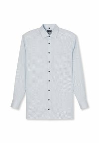 Weißes Langarmhemd mit geometrischem blauen Muster. Es hat einen klassischen Kragen und blaue Knöpfe an der Vorderseite. Weicher Stoff.