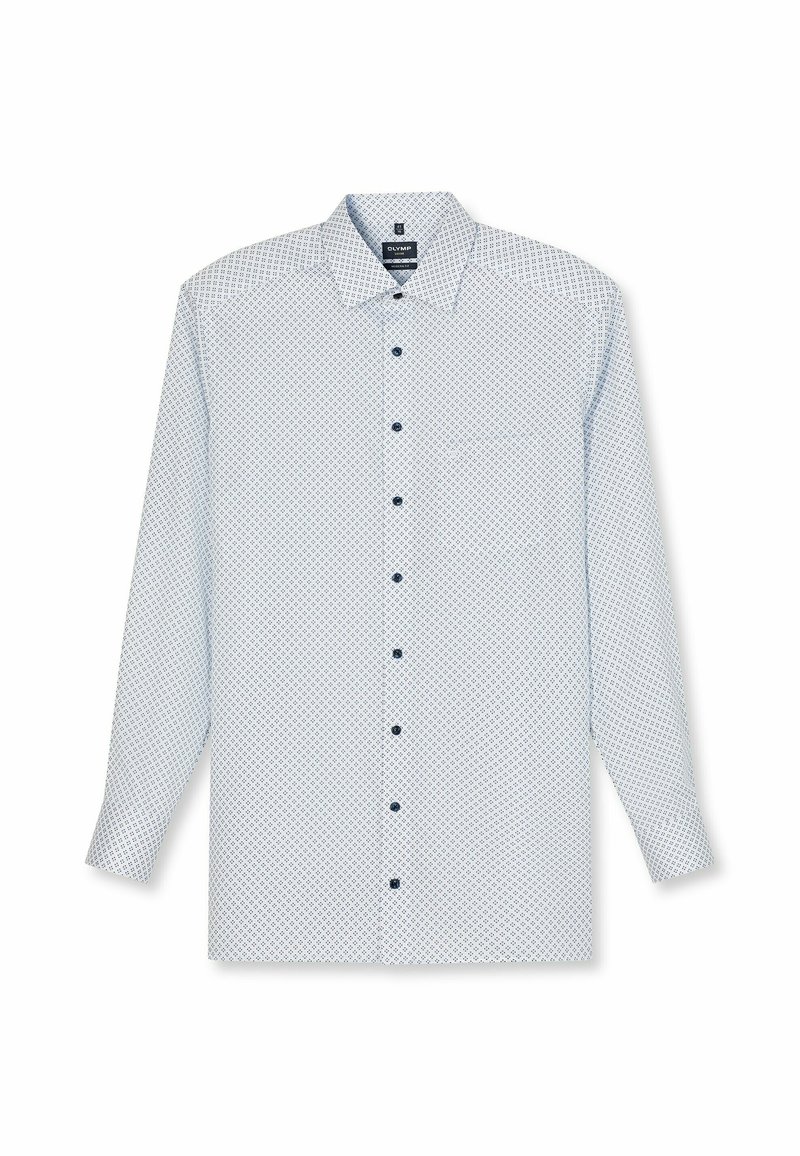 Weißes Langarmhemd mit geometrischem blauen Muster. Es hat einen klassischen Kragen und blaue Knöpfe an der Vorderseite. Weicher Stoff.