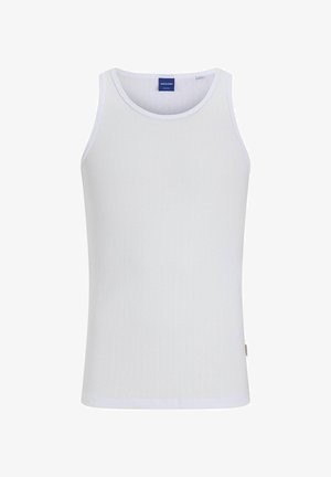 White ribbed tank top with a round neckline, featuring a small brand label at the front. Made from a lightweight fabric.