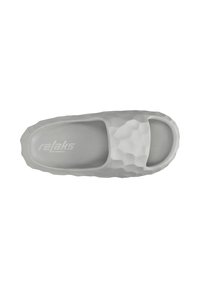 Light grey slide sandal with a textured, honeycomb-like upper, open toe design, and breathable mesh insole for comfort.
