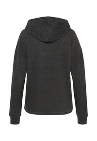 Dunkelgrauer Kapuzenpullover mit gerippter Textur, langen Ärmeln und einer sauberen Rückseite ohne sichtbare Logos oder Verzierungen.