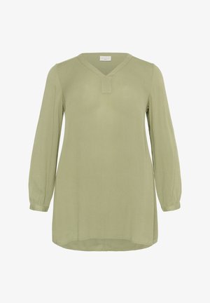 Blusa a maniche lunghe, verde chiaro, con scollo a V, caratterizzata da una vestibilità rilassata e polsini con bottoni. Tessuto morbido e orlo dritto.